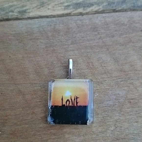 Hand Crafted Love Glass Tile Sunset Beach Pendant Necklace Gift - Picture 1 of 2
